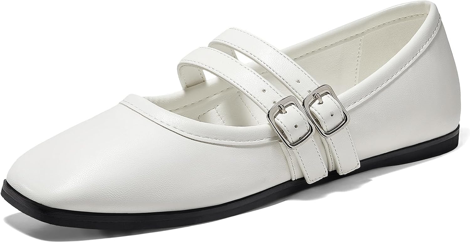 Womens Flats Shoes Dressy Comfortable Square Toe Double Strap Soft Work Slip on Ballet Flat